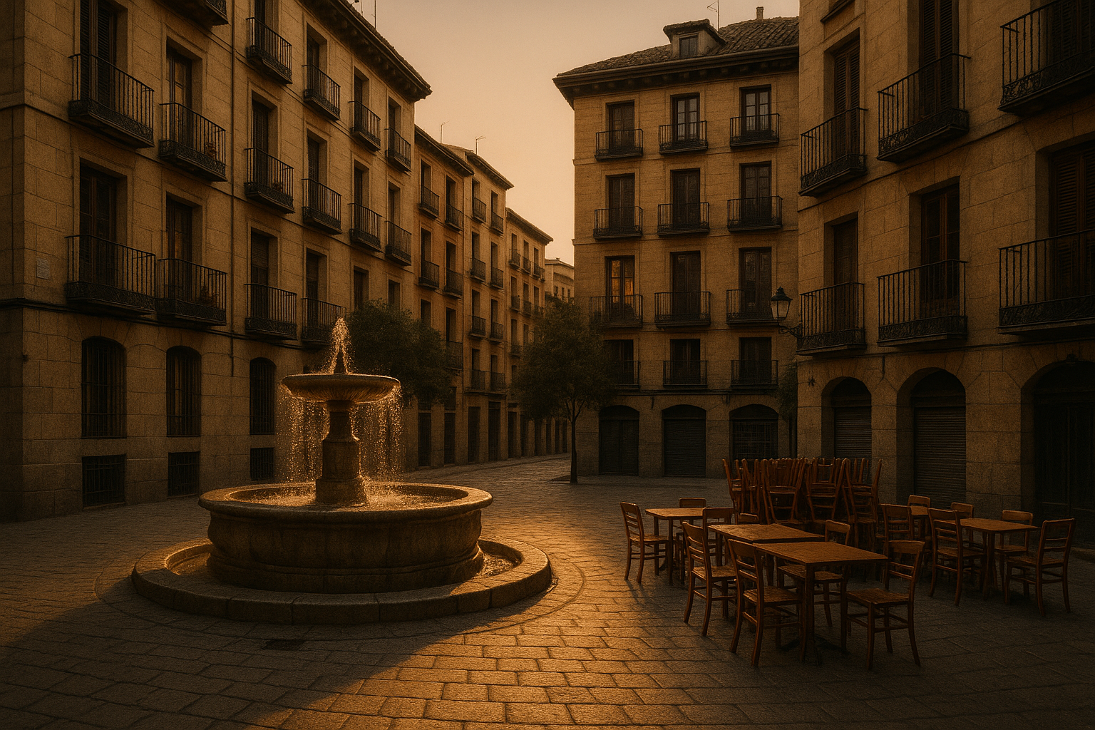 Plate · A plaza in Madrid at dusk · to commission