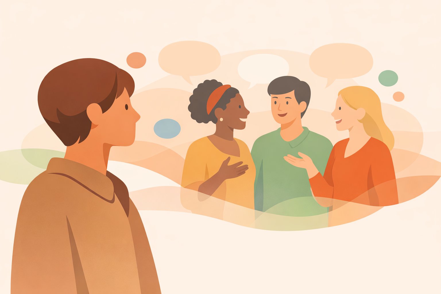 Three people in conversation, listening to each other speak.